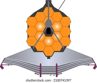 Vista frontal del telescopio espacial James Webb aislado en blanco. Ilustración vectorial.	