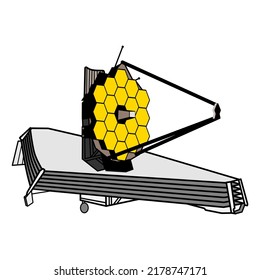 Telescopio espacial James Webb aislado en fondo blanco. Partes: retrovisor primario, retrovisor secundario, instrumentos científicos, solapa de estabilización, sombrilla, bus de antena y naves espaciales, ilustración vectorial