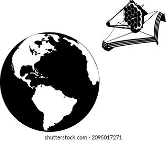 Telescopio espacial James Webb cerca del planeta Tierra en colores blanco y negro Aislado en blanco. Logo del telescopio espacial.  Ilustración vectorial. Elementos de esta imagen fueron amueblados por la NASA.	