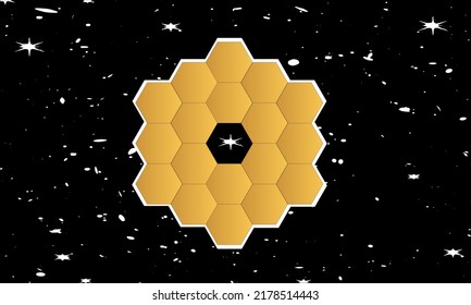 Telescopio James Webb. Signo hexagonal dorado con fondo de silueta de estrellas en el espacio exterior. 