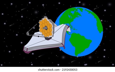 James Webb telescope in outer space near blue planet Earth. Vector illustration. Elements of this image were furnished by NASA.