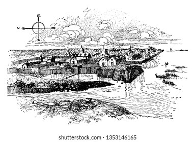  Jamestown  was the first permanent English settlement in the Americas in Virginia,vintage line drawing or engraving illustration.