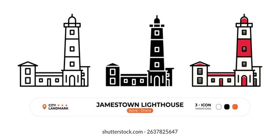 Jamestown Lighthouse Line Icon. Accra, Ghana, Landmark, Silhouette, Color Vector, Editable Stroke.