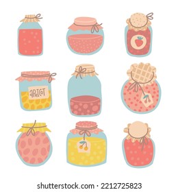 Jamjglass jars set. Collection of different types of homemade jam in cozy jars with fabric lids. Flat hand drawn vector illustration in hygge style.