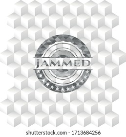 Jammed retro style grey emblem with geometric cube white background. 