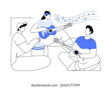 Atasco con amigos Ilustraciones vectoriales de dibujos animados aislados. Jóvenes haciendo música juntos, jam session con amigos, tocando guitarras y jamming, improvisación de sonido de dibujos animados de Vector.