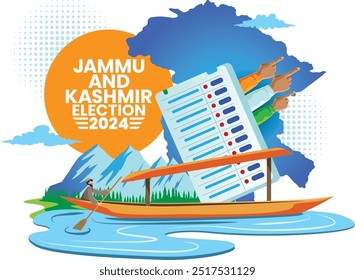  Ilustración de las elecciones de Jammu y Cachemira de 2024 con papeleta, mapa y barco tradicional