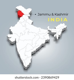 Jammu Kashmir map location in Indian 3d isometric map. Jammu Kashmir map vector illustration