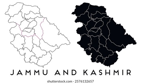 Jammu and Kashmir map of regions districts vector black on white and outline
