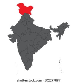 Jammu and Kashmir red on gray India map vector