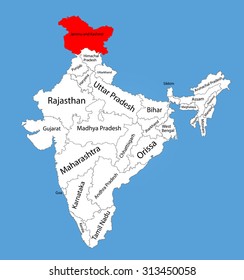 Jammu and Kashmir state, India, vector map silhouette illustration isolated on India map. Editable blank vector map of India.