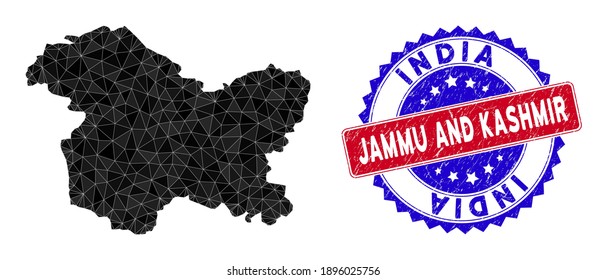 Jammu und Kaschmir State kartieren polygonale Maschen mit gefüllten Dreiecken und unscharfe Bicolor-Stempelimitation. Triangle mosaic Jammu and Kaschmir State Map mit dreieckigem Vektormodell,