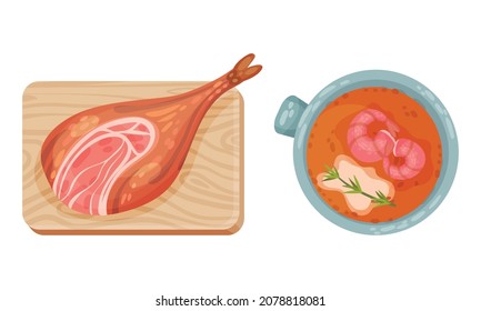 Jamon and Broth with Shrimp as Served Spanish Cuisine Dish Above View Vector Set