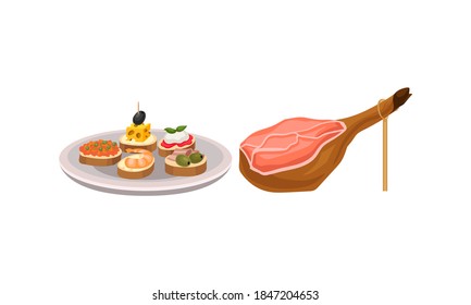 Jamon or Dry-cured Bacon Gammon and Finger Food on Plate as Spanish Cuisine Gourmet Vector Set