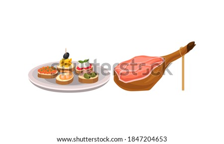 Jamon or Dry-cured Bacon Gammon and Finger Food on Plate as Spanish Cuisine Gourmet Vector Set