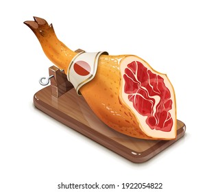 Jamon. Hamon. Traditional Spanish food on wooden support. Meat. Pig leg, Isolated on white background. Eps10 vector illustration.