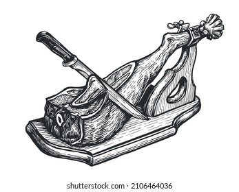 Ilustración de dibujo a mano de Jamon. Vector de grabado de carne de cerdo de granja