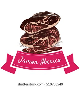 Jamon Iberico colorful illustration. Vector illustration of Spanish cuisine.