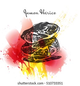 Jamon Iberico colorful watercolor effect illustration. Vector illustration of Spanish cuisine.