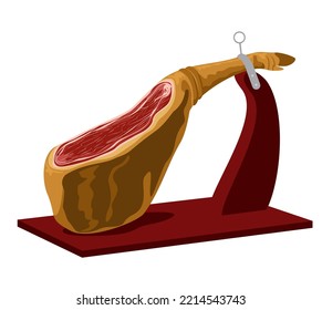 Jamón - pierna de carne de cerdo seca en un puesto de madera. Icono de vector de carne de jamón. Jamon iberico bellota. Pata de cerdo curada con pezuña. La comida tradicional española.