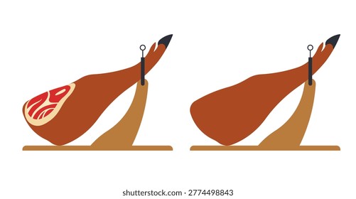 Jamon leg on stand - jamonero. Whole and sliced Spanish cured ham variations. Traditional delicacy concept. Simplicity vector illustration