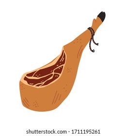 Jamon. Meat delicatessen on white background. Spanish dry cured pork leg with black hoof, jamon iberico bellota. Simple flat style vector illustration