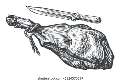 Jamon or parma ham and knife isolated. Jerky, dry meat vector illustration