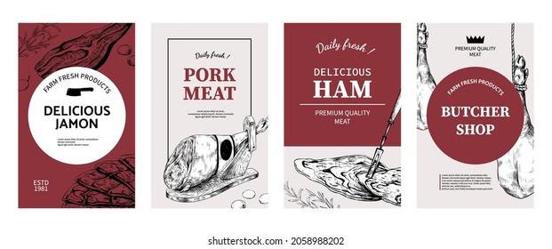 Jamon posters. Hand drawn restaurant menu cover with Spanish pork legs and slices. Italian parma and prosciutto pieces. Delicious ham. Vector butcher shop banners set with meat sketches