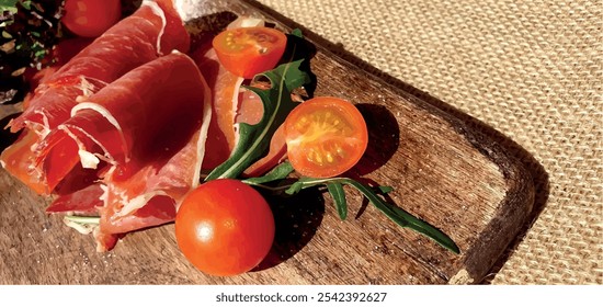 Jamon sliced ​​on a wooden board with tomatoes and herbs. Spanish jamon on the board. Appetizing jamon plate. Ham slice. Pork meat. Dried meat with vegetables.