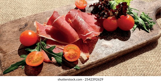 Jamon sliced ​​on a wooden board with tomatoes and herbs. Spanish jamon on the board. Appetizing jamon plate. Ham slice. Pork meat. Dried meat with vegetables.