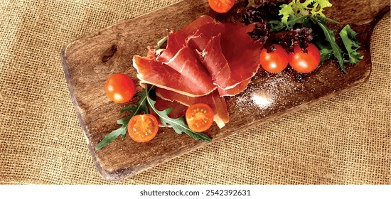 Jamon sliced ​​on a wooden board with tomatoes and herbs. Spanish jamon on the board. Appetizing jamon plate. Ham slice. Pork meat. Dried meat with vegetables.