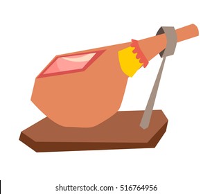 Jamon, spanish food vector illustration. Traditional dry-cured ham. Spanish pork. Cut a piece of meat. Isolated on white background, cartoon style