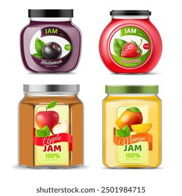 Jams jars. Realistic berry sweet canned food in glass bottles different forms. Various flavor blackcurrant, strawberry, apple and mango. Dessert product package design. Vector isolated set