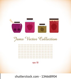 Jams vector collection. Strawberry jam. Red raspberry jam. Cherry jam. Set of different confitures. Isolated pots of jam. Jam jar