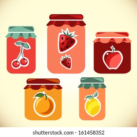 Jams vector collection. Strawberry jam.  Cherry jam. Set of different confitures. Isolated pots of jam. Jam jar
