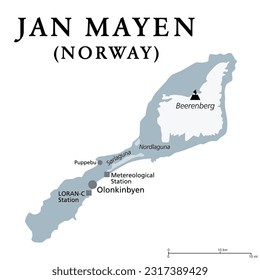 Jan Mayen, gray political map. Norwegian volcanic island in Arctic Ocean between Greenland and Norwegian Sea, partly covered with glaciers around Beerenberg volcano. Largest settlement is Olonkinbyen.