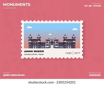 Janaki Mandir Monument Postage stamp ticket design with information-vector illustration design