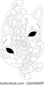 Máscara de gato janés con plantilla de sketch de flores de peones. Ilustración vectorial gráfica de dibujos animados en blanco y negro para juego, fondo, patrón, decoración. Libro de cuentos para niños, cola de hadas, papel para colorear, página