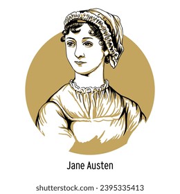 Jane Austen ist eine englische Schriftstellerin, eine Heldin des Realismus in der britischen Literatur und Satirikerin. handgezeichnete Vektorgrafik