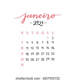 Januar 2021. Brasilianischer portugiesischer Handschrift-Kalender für 2020 Jahre Kalligrafie. Vektorgrafik.