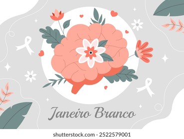 Janeiro Branco Übersetzung eines weißen Januar Mental Health Awareness Month Vektorgrafik mit einem Symbol das Gehirn und Blumen auf flachem Hintergrund