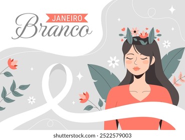 Janeiro Branco Tradução de um Branco Janeiro Mês da Consciência da Saúde Mental Ilustração Vetorial com um Símbolo o Cérebro e Flores no Plano de Fundo