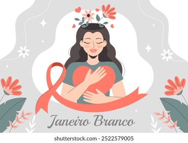 Janeiro Branco Übersetzung eines weißen Januar Mental Health Awareness Month Vektorgrafik mit einem Symbol das Gehirn und Blumen auf flachem Hintergrund