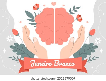 Janeiro Branco Tradução de um Branco Janeiro Mês da Consciência da Saúde Mental Ilustração Vetorial com um Símbolo o Cérebro e Flores no Plano de Fundo