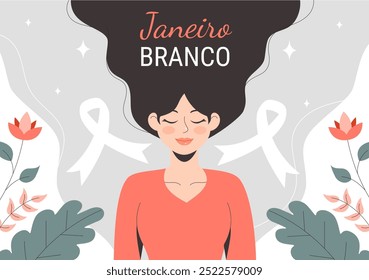 Janeiro Branco Tradução de um Branco Janeiro Mês da Consciência da Saúde Mental Ilustração Vetorial com um Símbolo o Cérebro e Flores no Plano de Fundo