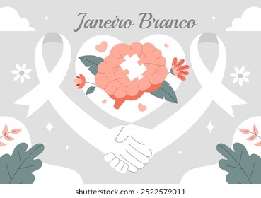 Janeiro Branco Tradução de um Branco Janeiro Mês da Consciência da Saúde Mental Ilustração Vetorial com um Símbolo o Cérebro e Flores no Plano de Fundo