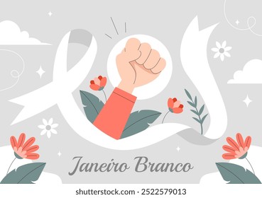 Janeiro Branco Tradução de um Branco Janeiro Mês da Consciência da Saúde Mental Ilustração Vetorial com um Símbolo o Cérebro e Flores no Plano de Fundo