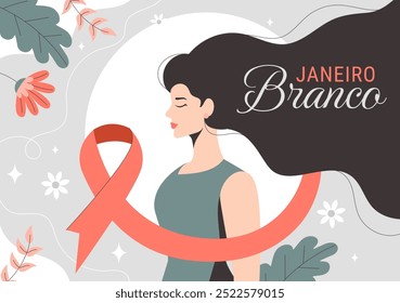 Janeiro Branco Übersetzung eines weißen Januar Mental Health Awareness Month Vektorgrafik mit einem Symbol das Gehirn und Blumen auf flachem Hintergrund