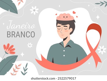 Janeiro Branco Übersetzung eines weißen Januar Mental Health Awareness Month Vektorgrafik mit einem Symbol das Gehirn und Blumen auf flachem Hintergrund