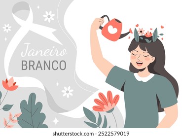 Janeiro Branco Tradução de um Branco Janeiro Mês da Consciência da Saúde Mental Ilustração Vetorial com um Símbolo o Cérebro e Flores no Plano de Fundo